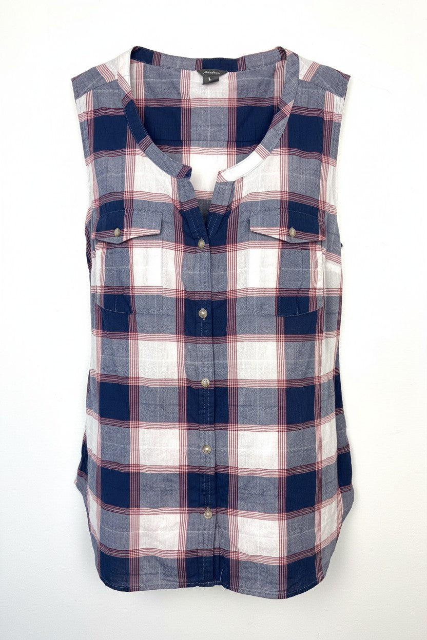 99% Cotton Eddie Bauer Plaid Sleeveless Shirt | Size L  at Blue Sparrow Shop