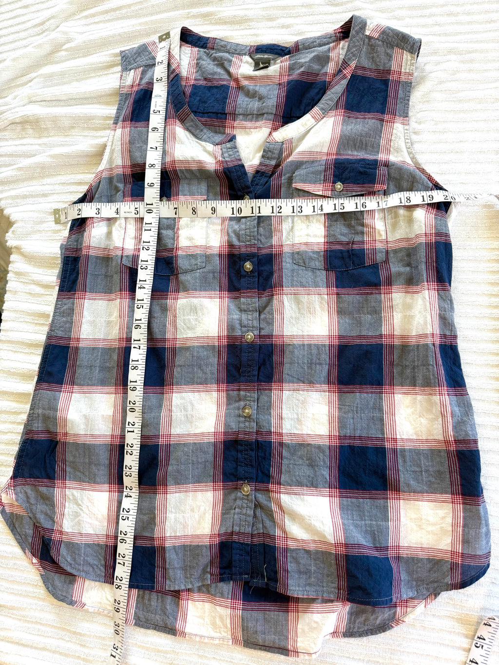 99% Cotton Eddie Bauer Plaid Sleeveless Shirt | Size L  at Blue Sparrow Shop measuring 40" bust and 26" shoulder to hem 