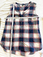 99% Cotton Eddie Bauer Plaid Sleeveless Shirt | Size L  at Blue Sparrow Shop measuring 40" bust and 26" shoulder to hem 