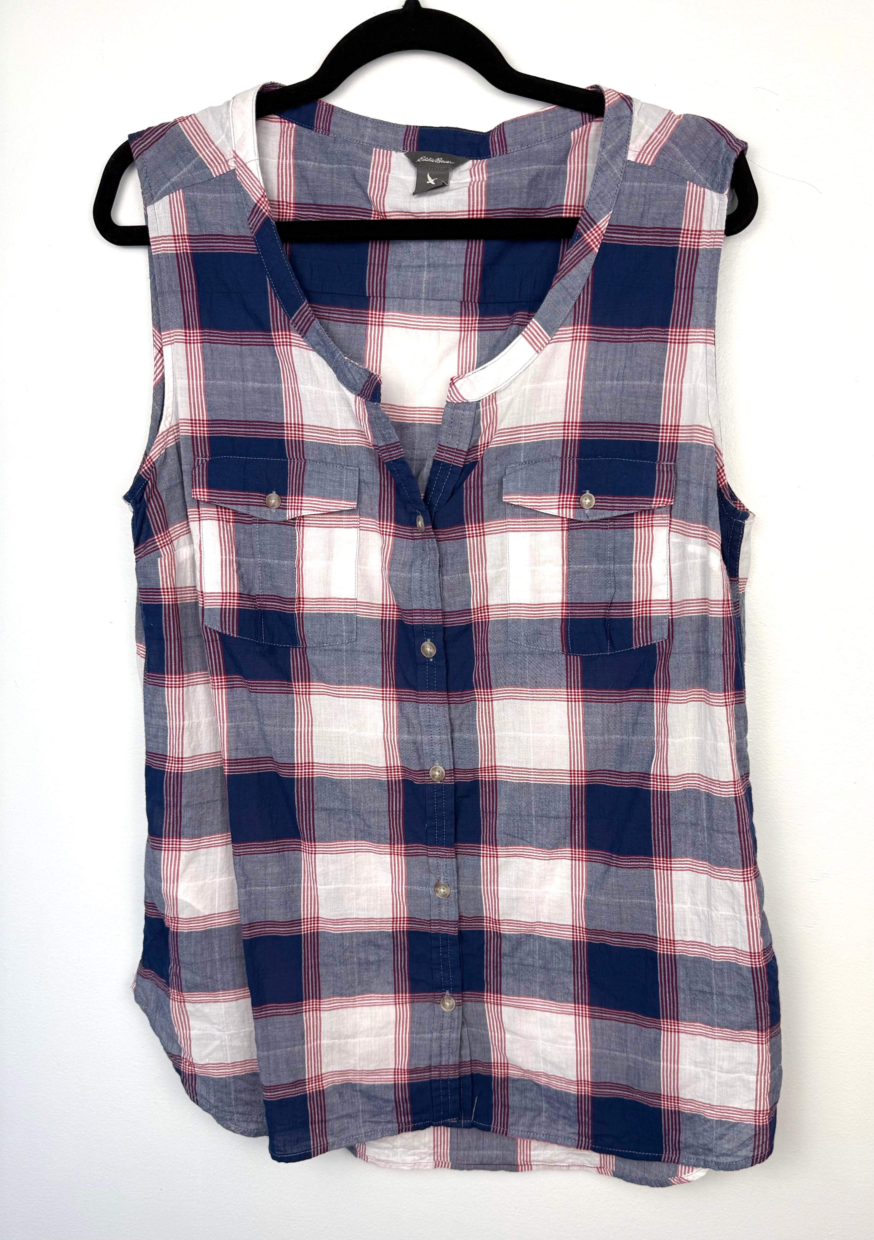 99% Cotton Eddie Bauer Plaid Sleeveless Shirt | Size L  at Blue Sparrow Shop on hanger