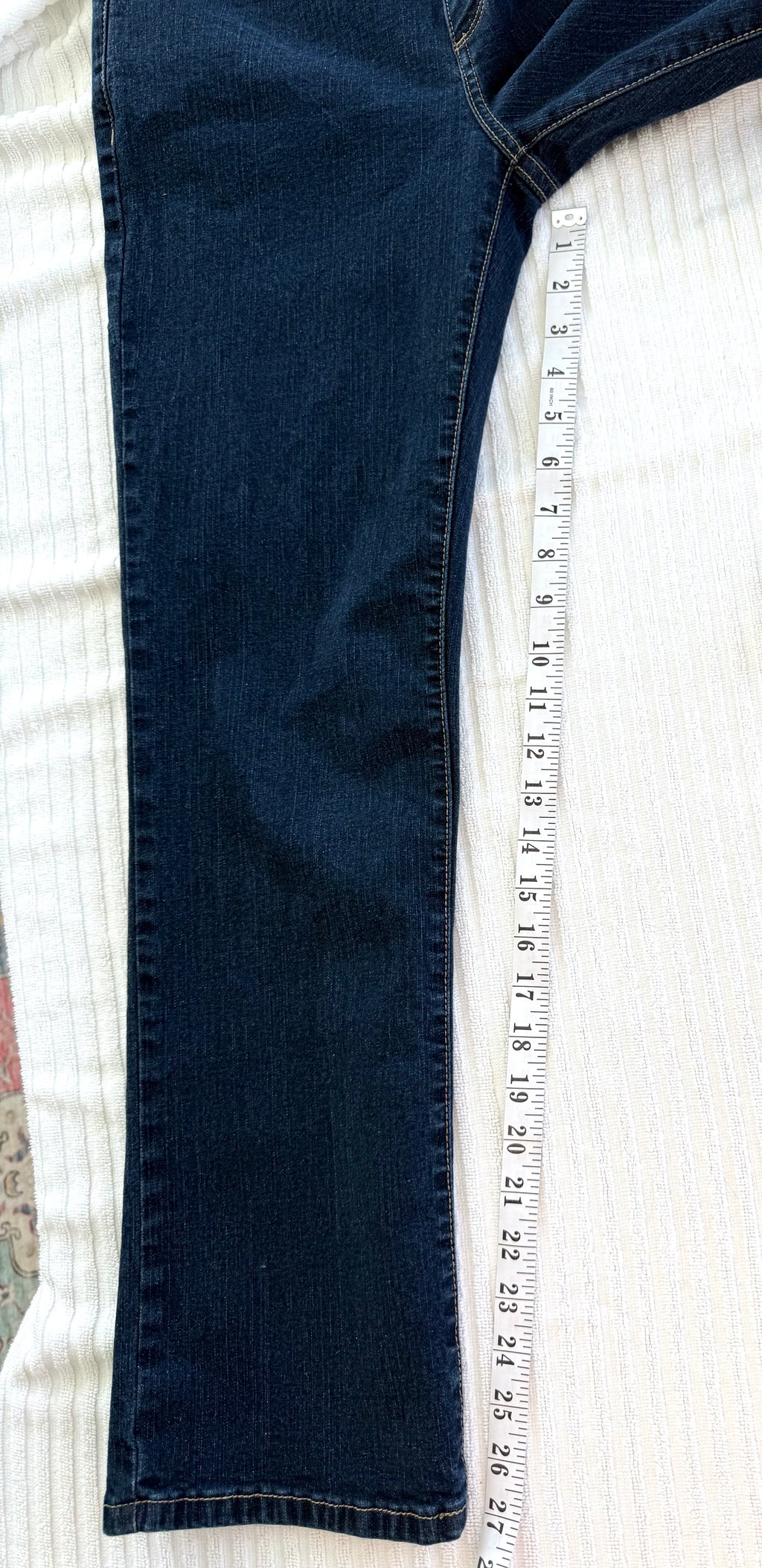 99% Cotton NYDJ Dark Wash Petite Straight Leg Jeans | Size 10P at Blue Sparrow Shop measuring 27" inseam