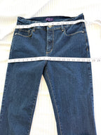 99% Cotton NYDJ Dark Wash Petite Straight Leg Jeans | Size 10P at Blue Sparrow Shop measuring 30" waist and 36" hip