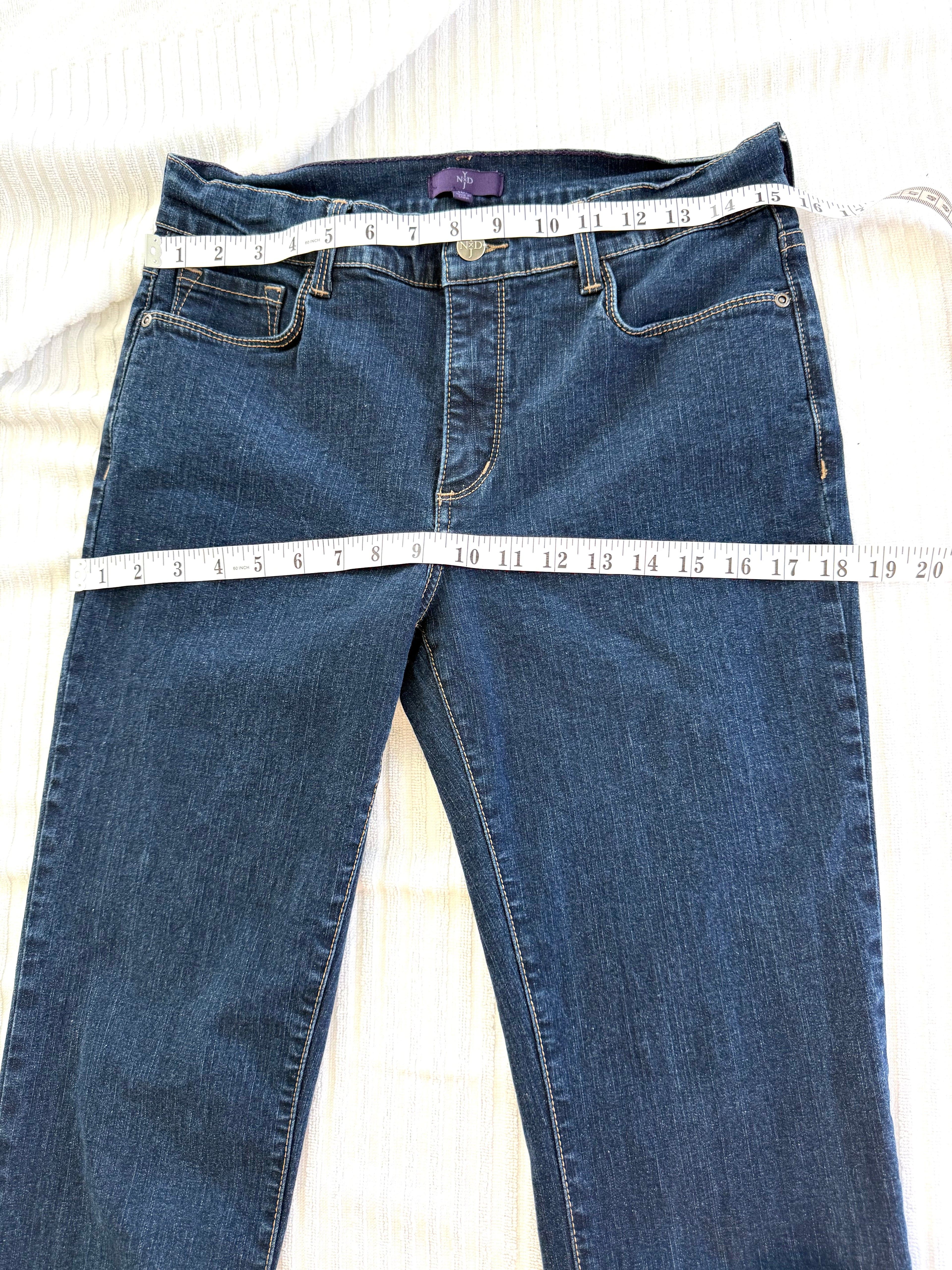 99% Cotton NYDJ Dark Wash Petite Straight Leg Jeans | Size 10P at Blue Sparrow Shop measuring 30" waist and 36" hip