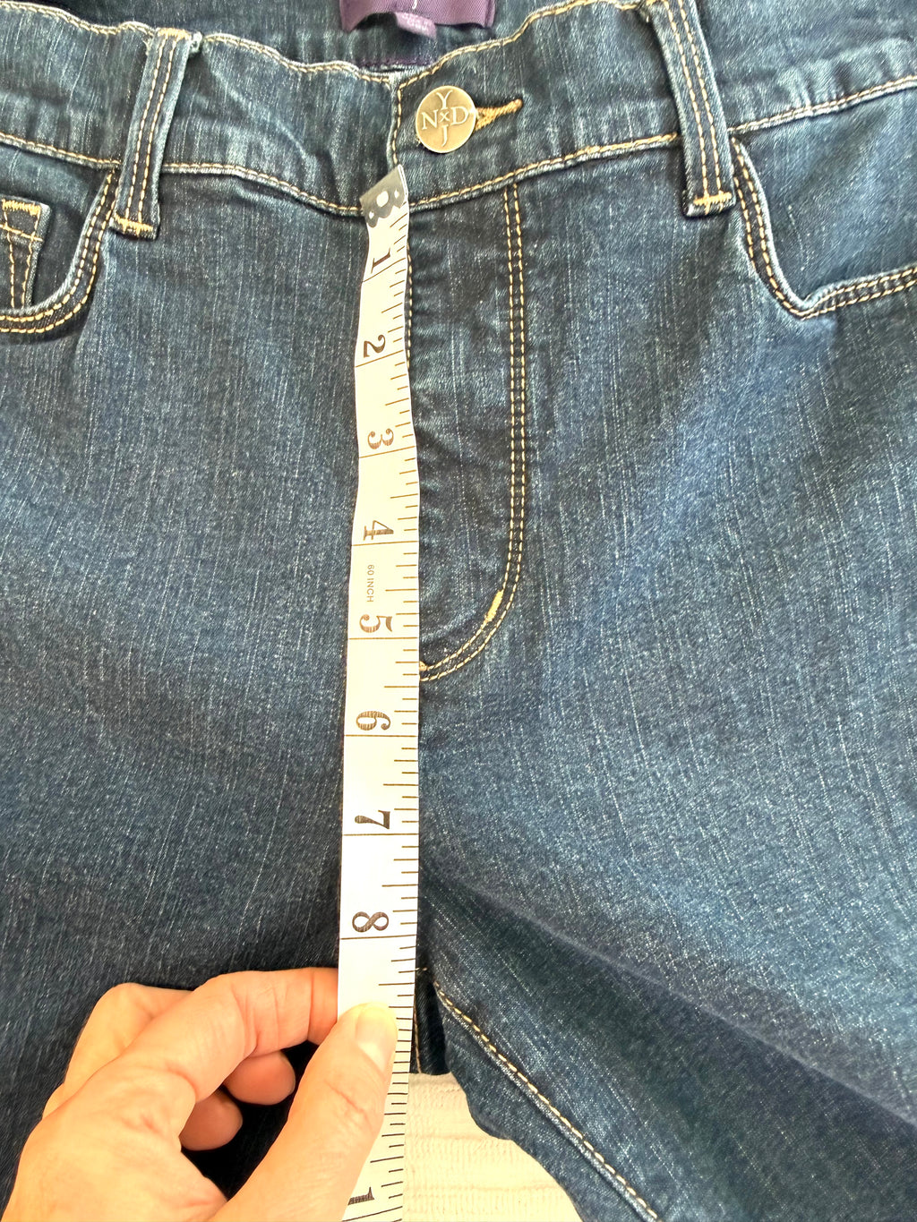 99% Cotton NYDJ Dark Wash Petite Straight Leg Jeans | Size 10P at Blue Sparrow Shop measuring 9" rise