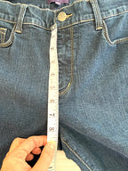 99% Cotton NYDJ Dark Wash Petite Straight Leg Jeans | Size 10P at Blue Sparrow Shop measuring 9" rise