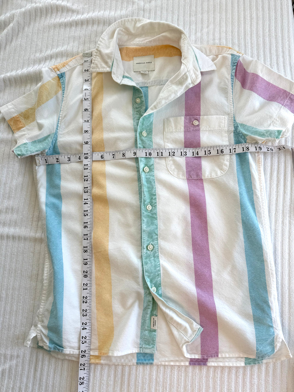 AMERICAN EAGLE 100% COTTON PASTEL STRIPE SHIRT at Blue Sparrow Canadian Resale Reimagined measuring 38" bust and 26" shoulder to hem 