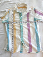AMERICAN EAGLE 100% COTTON PASTEL STRIPE SHIRT at Blue Sparrow Canadian Resale Reimagined measuring 38" bust and 26" shoulder to hem 