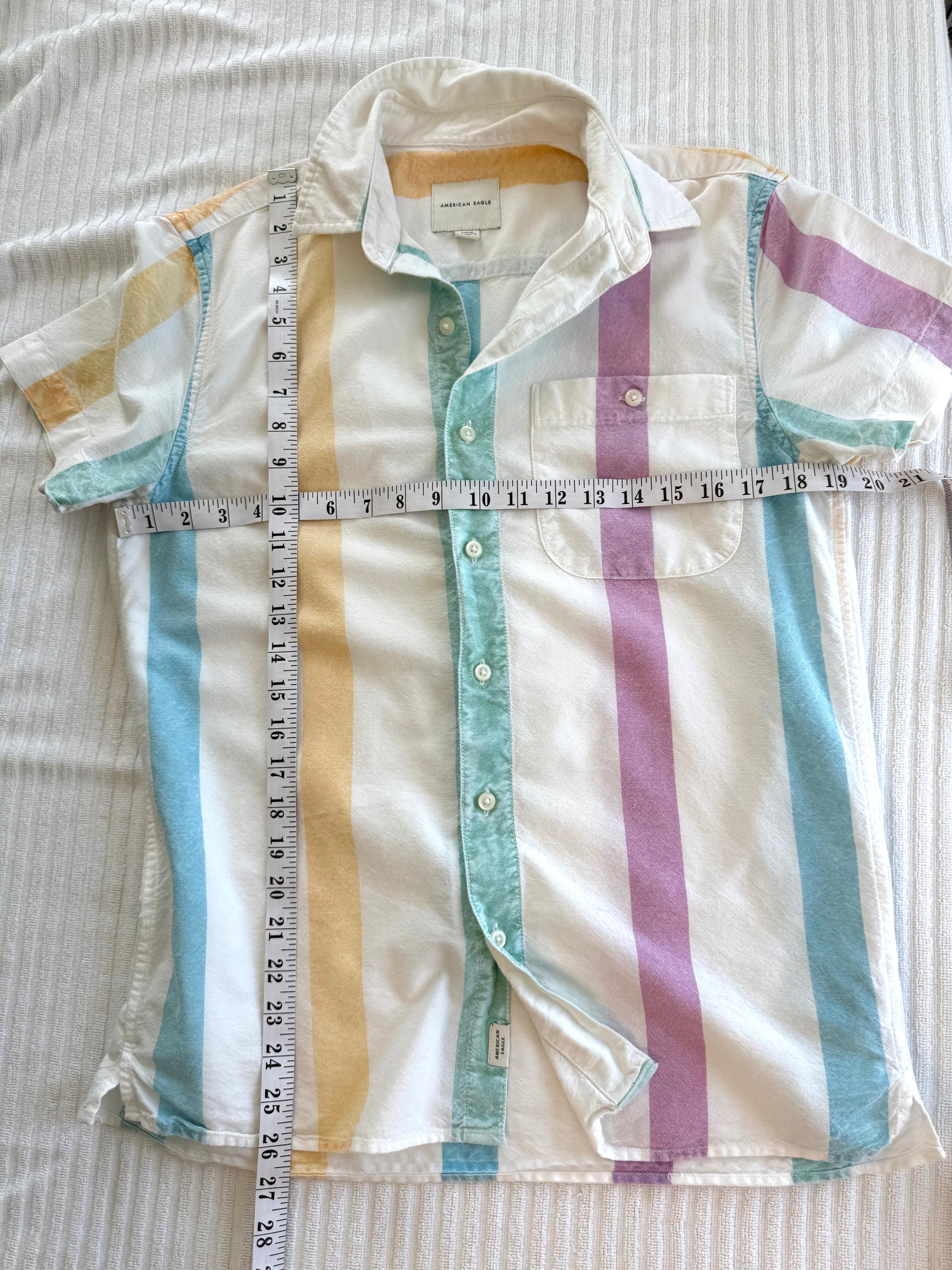 AMERICAN EAGLE 100% COTTON PASTEL STRIPE SHIRT at Blue Sparrow Canadian Resale Reimagined measuring 38" bust and 26" shoulder to hem 