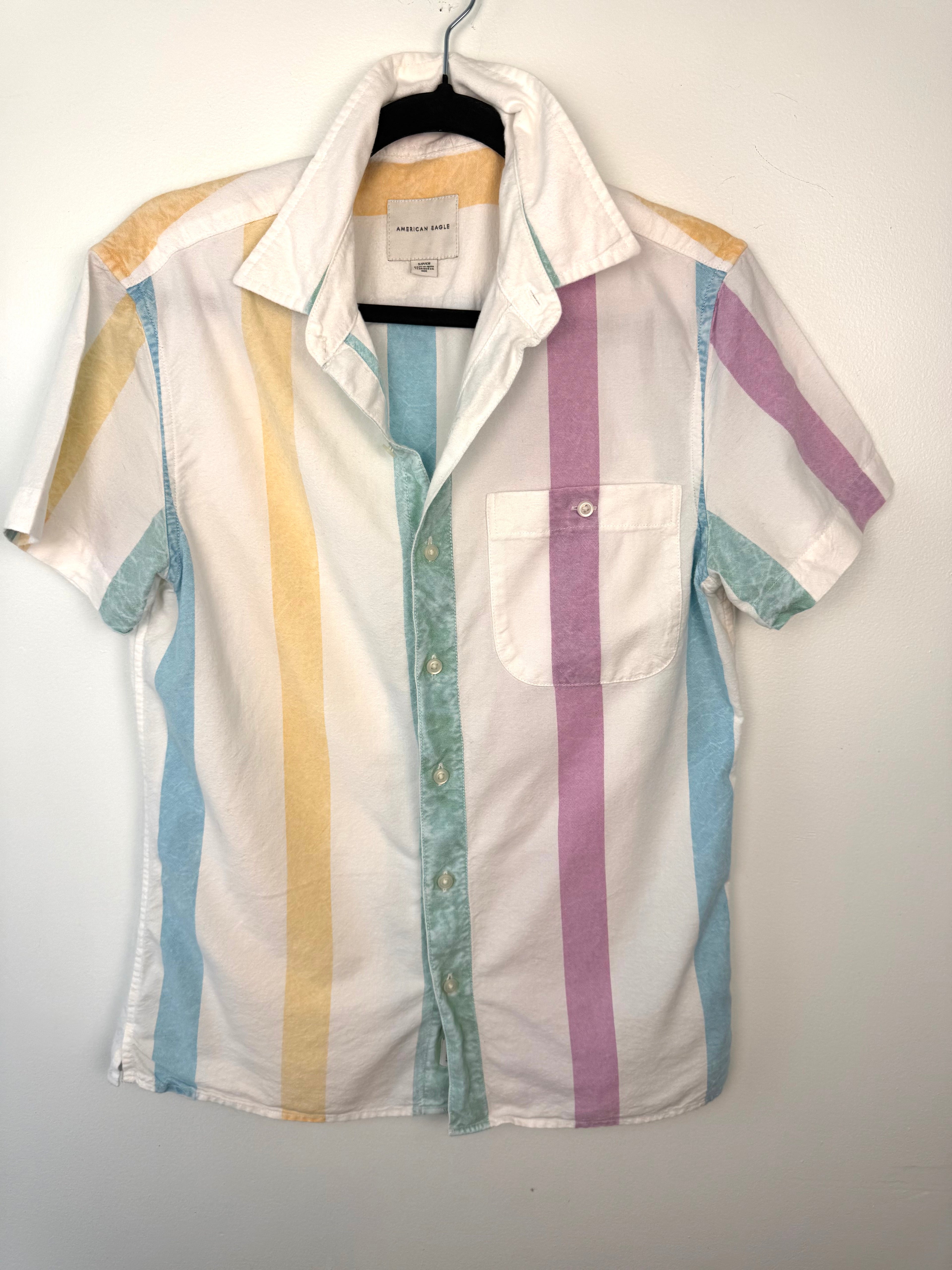 AMERICAN EAGLE 100% COTTON PASTEL STRIPE SHIRT at Blue Sparrow Canadian Resale Reimagined on hanger
