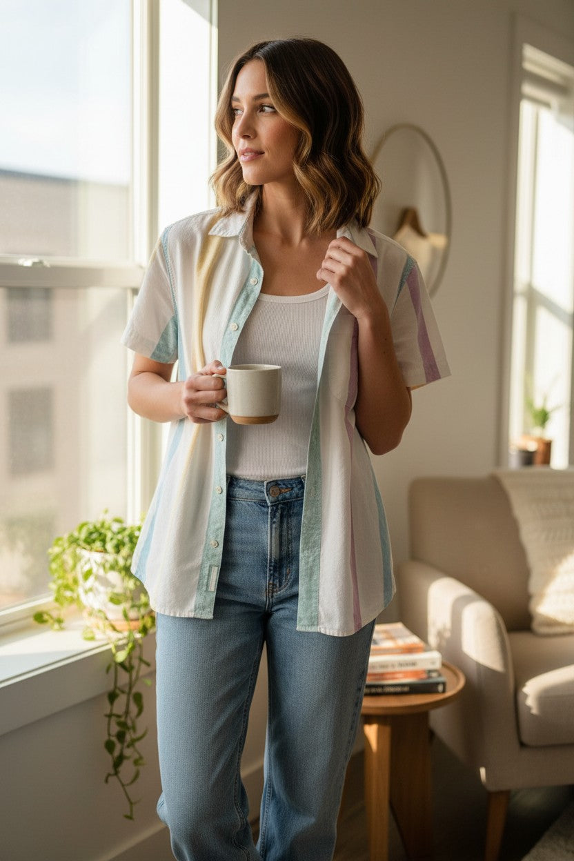 AMERICAN EAGLE 100% COTTON PASTEL STRIPE SHIRT at Blue Sparrow Canadian Resale Reimagined on woman standing by window with coffee cup in her hand