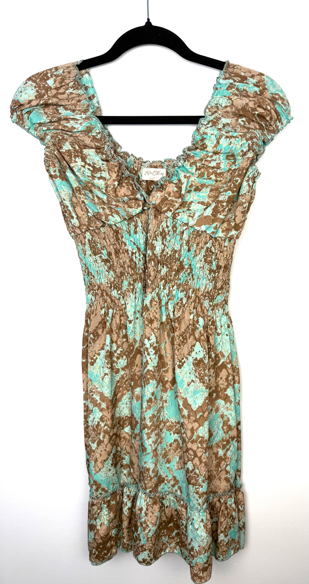 AMORas turquoise and brown printed smocked midi dress front view 