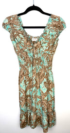 AMORas turquoise and brown printed smocked midi dress front view 