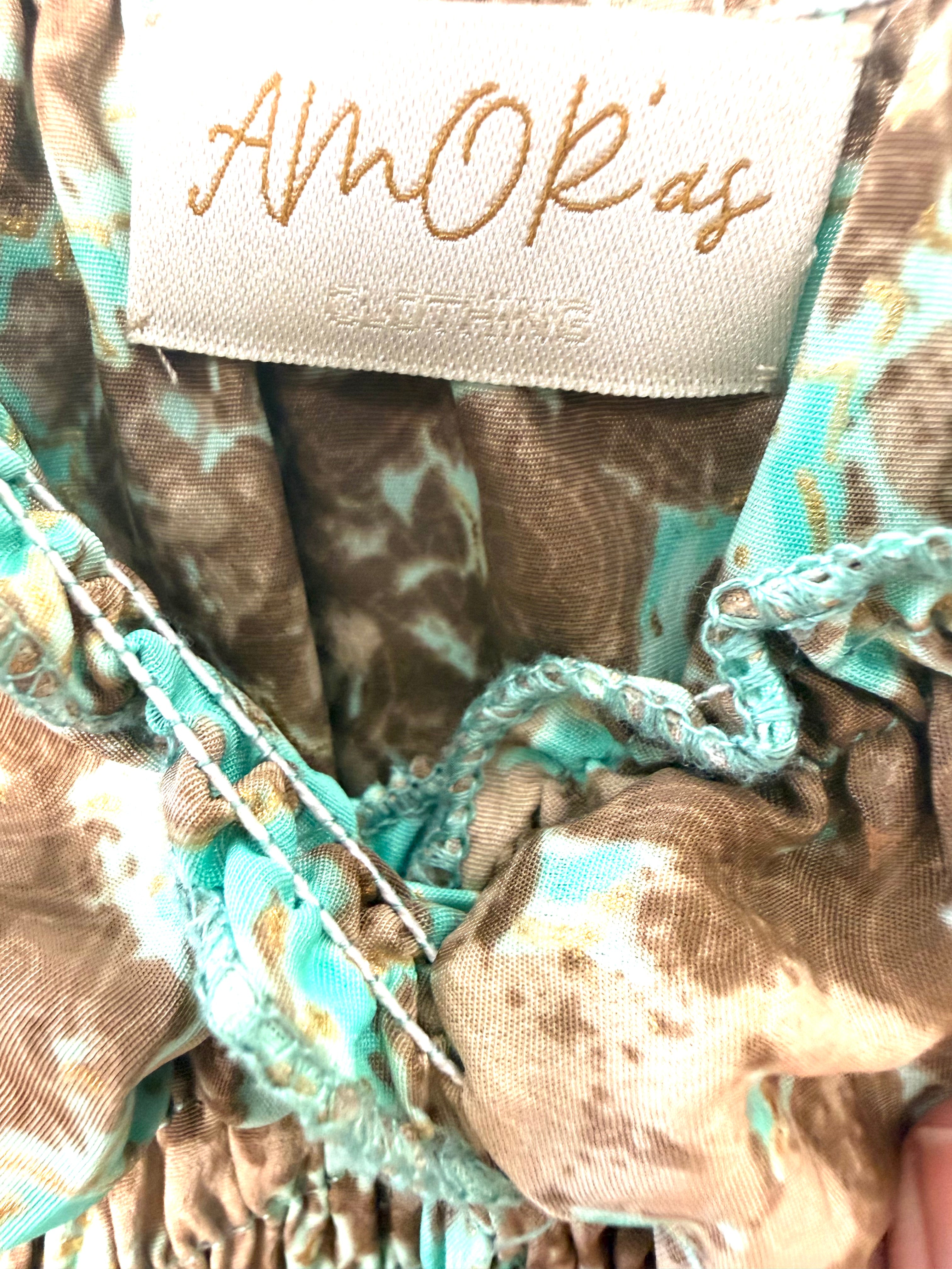 AMORas turquoise and brown printed smocked midi dress close up of label inside  boho summer festival dress
