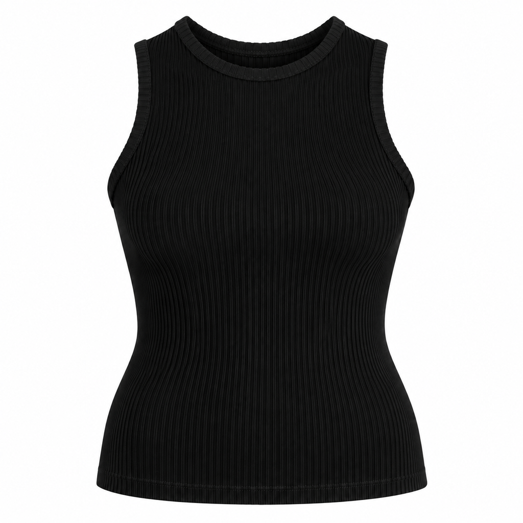 A hip-length bamboo crew neck tank featuring subtle textured detailing in black