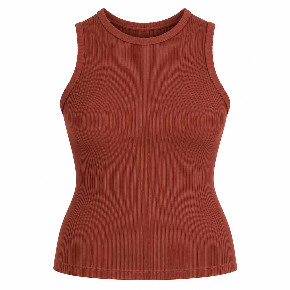 A hip-length bamboo crew neck tank featuring subtle textured detailing in cayenne
