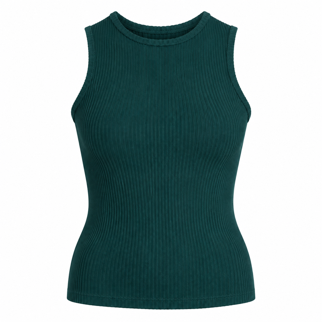 A hip-length bamboo crew neck tank featuring subtle textured detailing in forest green