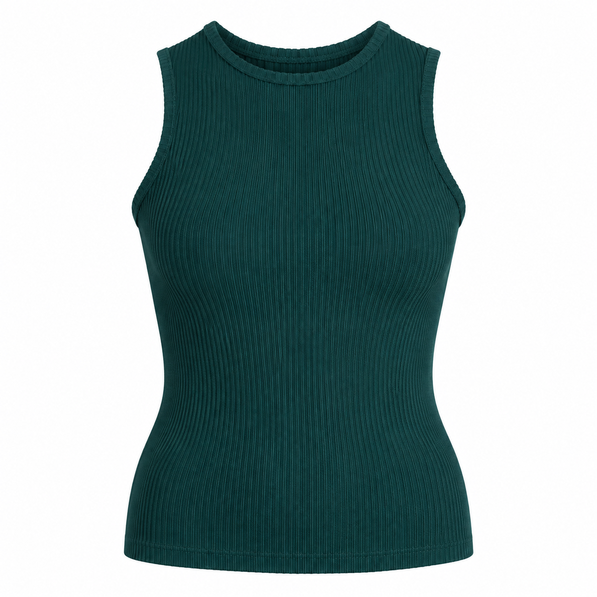 A hip-length bamboo crew neck tank featuring subtle textured detailing in forest green