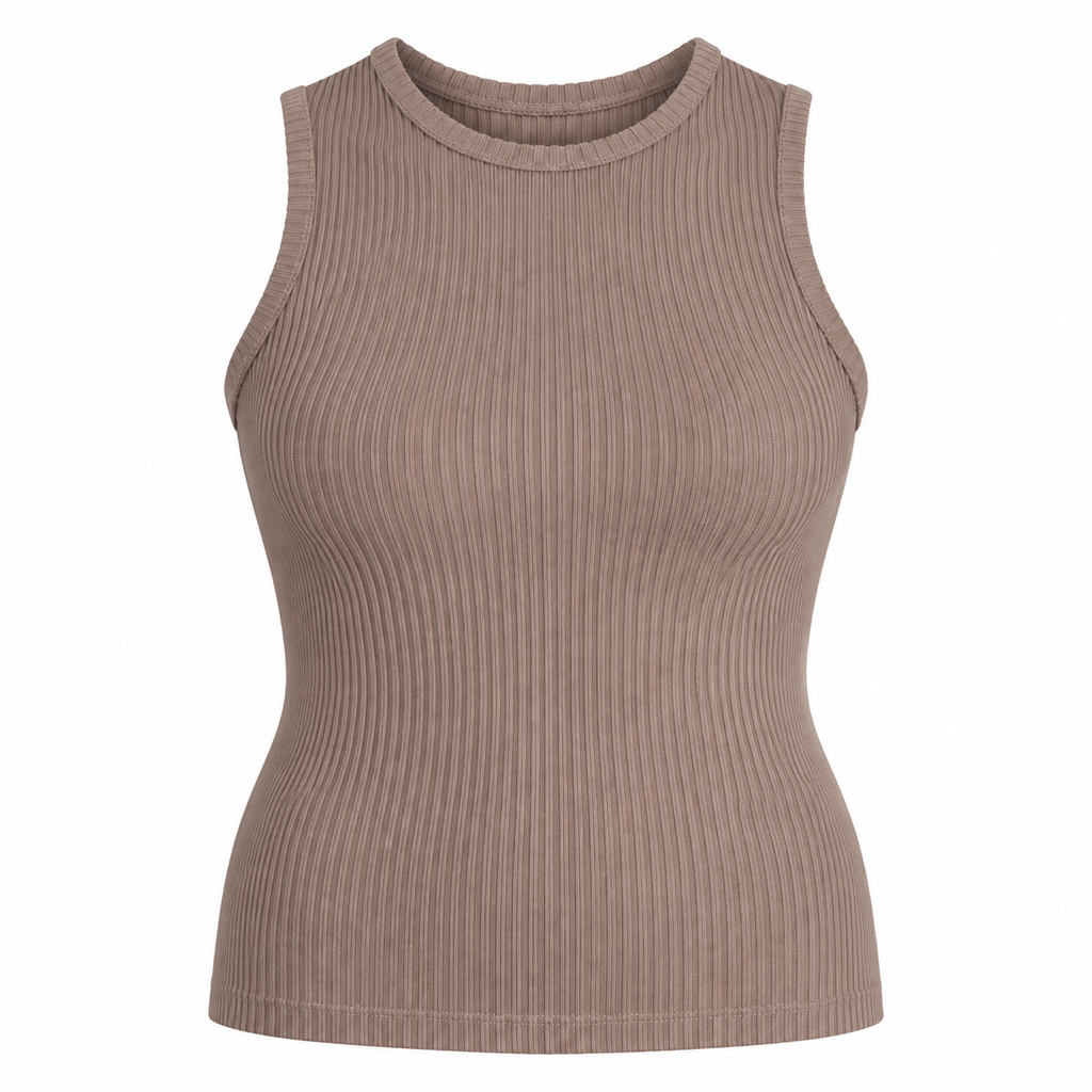 A hip-length bamboo crew neck tank featuring subtle textured detailing in mocha