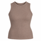 A hip-length bamboo crew neck tank featuring subtle textured detailing in mocha