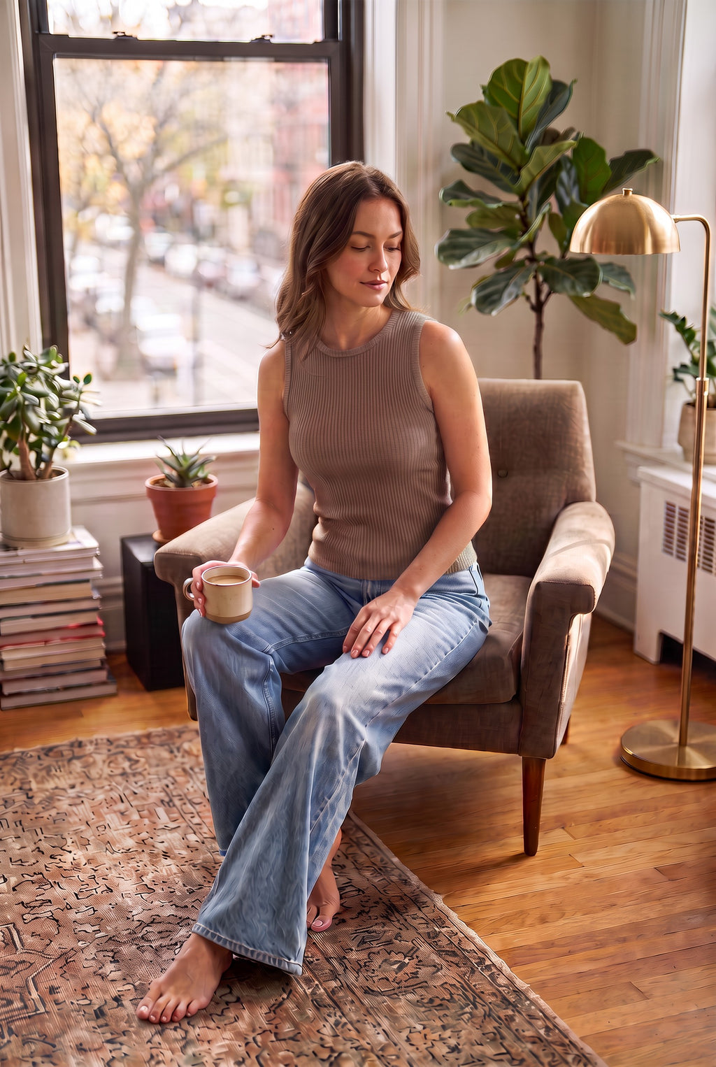 A hip-length bamboo crew neck tank featuring subtle textured detailing on a woman sitting in living room wearing jeans - mocha taupe coloured top 