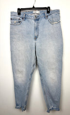 Abercrombie & Fitch Curve Love high rise mom jeans light wash distressed denim front view on hanger