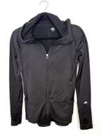 Alo Yoga black zip up hoodie size small fitted athletic jacket front view