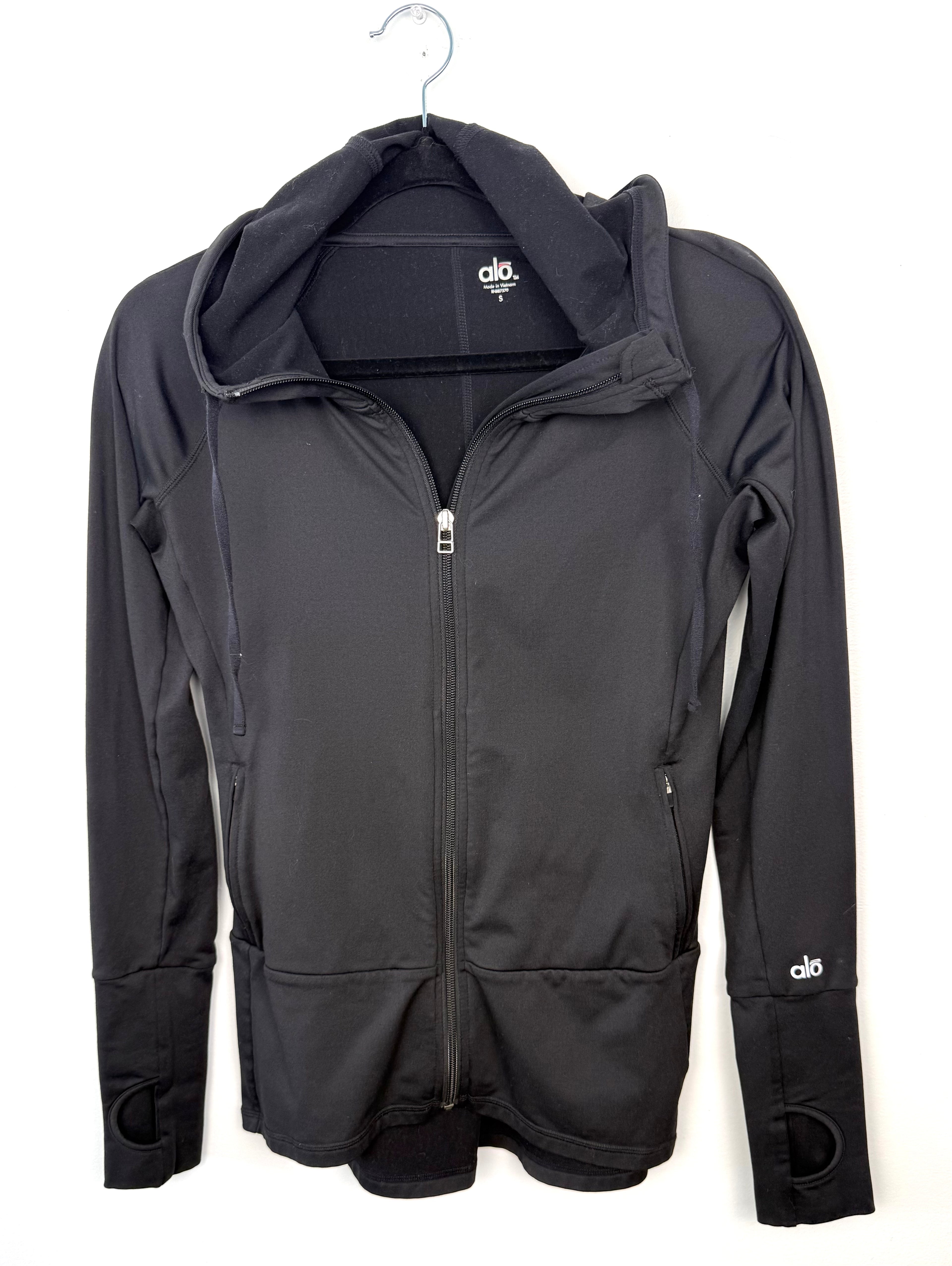 Alo Yoga black zip up hoodie size small fitted athletic jacket front view