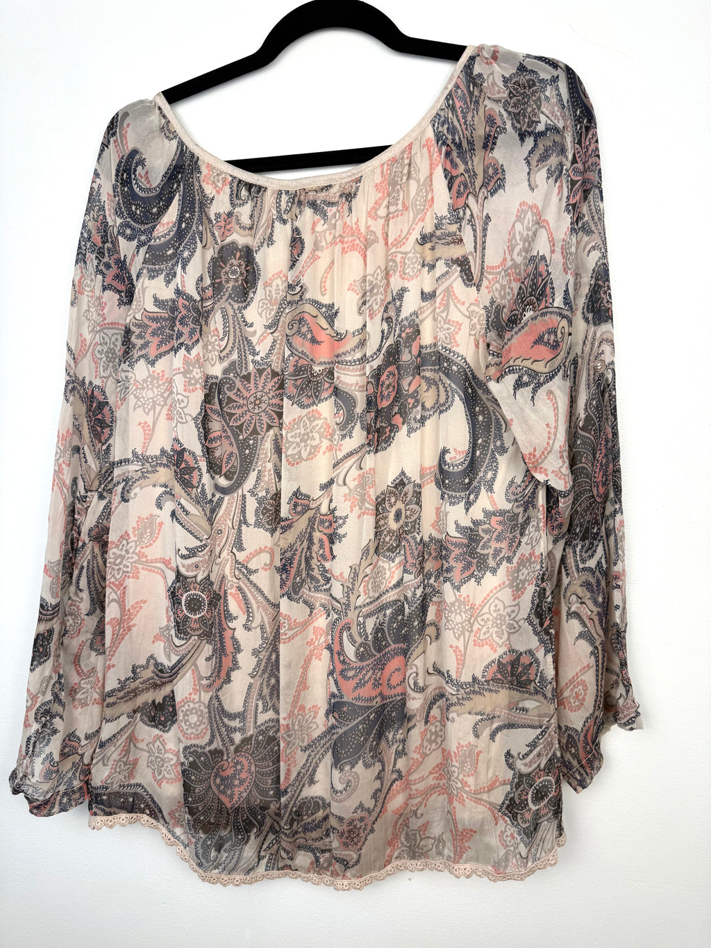 back of Ambra 100% Silk Sheer Bohemian Top Made in Italy on hanger