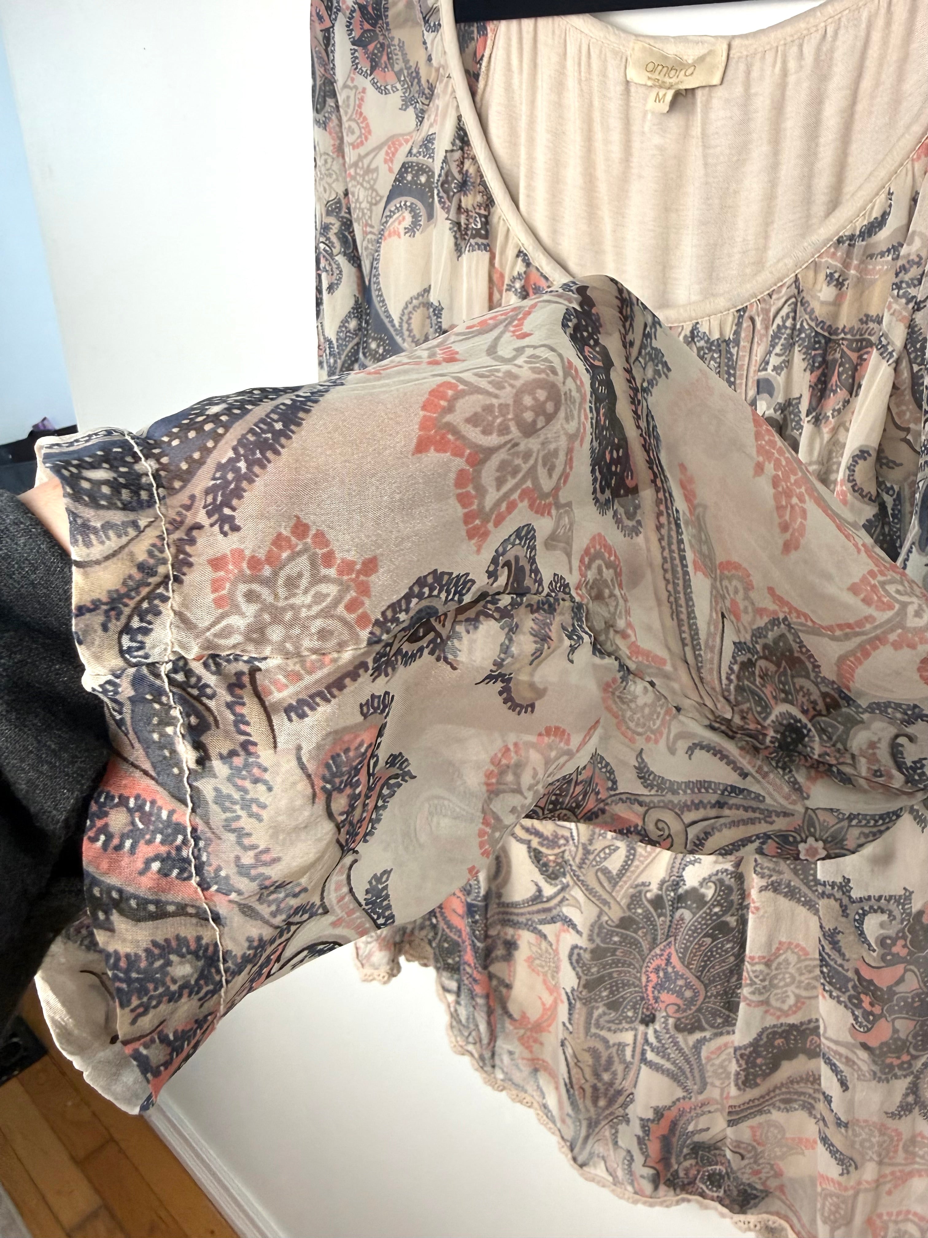 Ambra 100% Silk Sheer Bohemian Top Made in Italy sleeve detail 