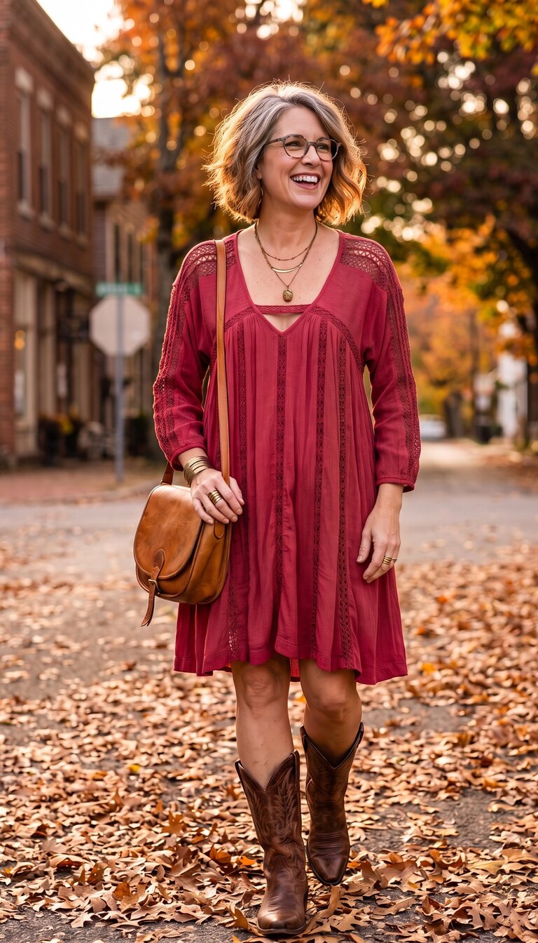 American Eagle Cotton Tunic Dress at Blue Sparrow Shop on woman walking in fall 