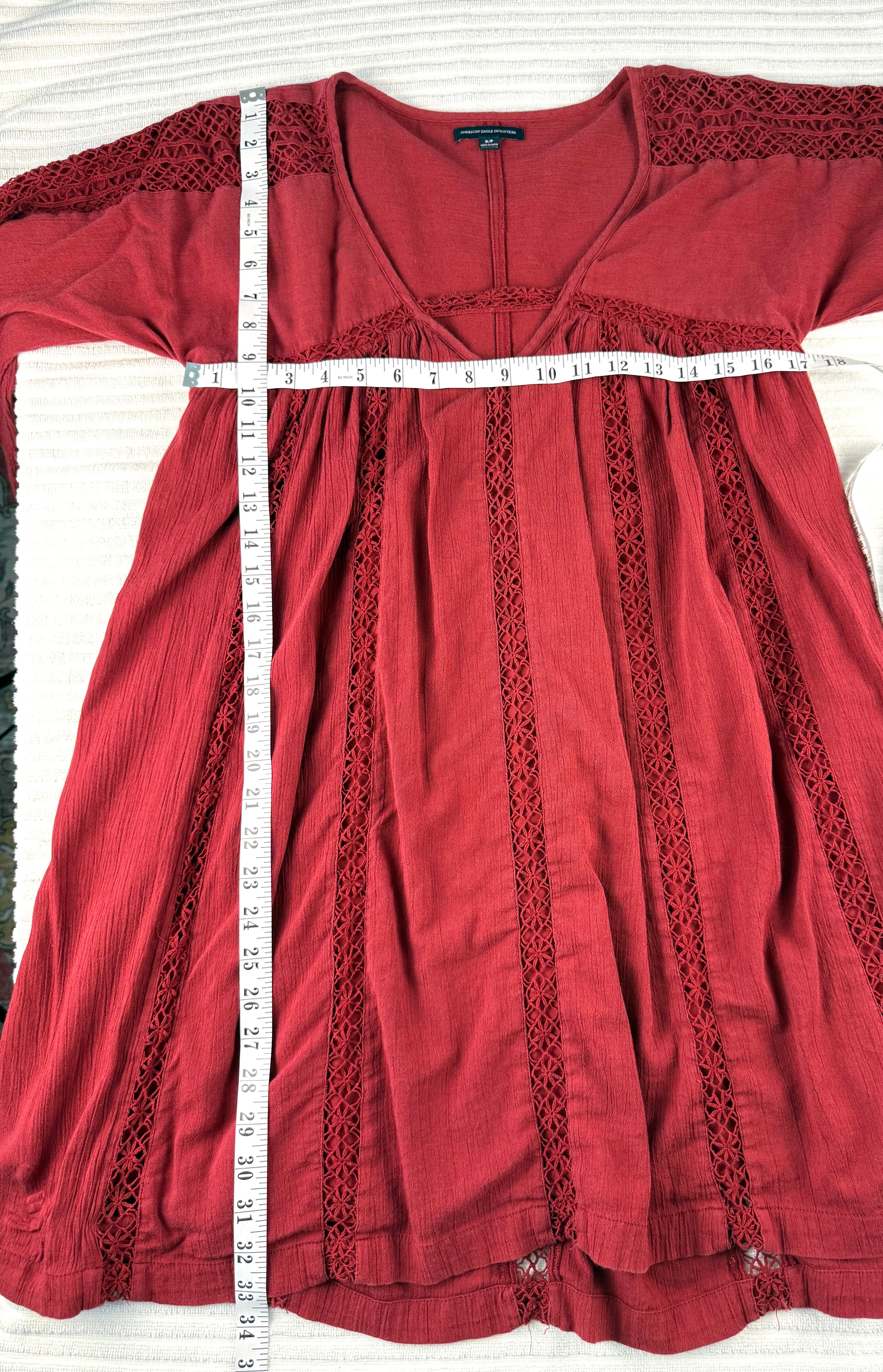  American Eagle Outfitters Crochet-Trim Boho Dress | Size S at Blue Sparrow Shop  measuring 34" bust and 33" shoulder to hem
