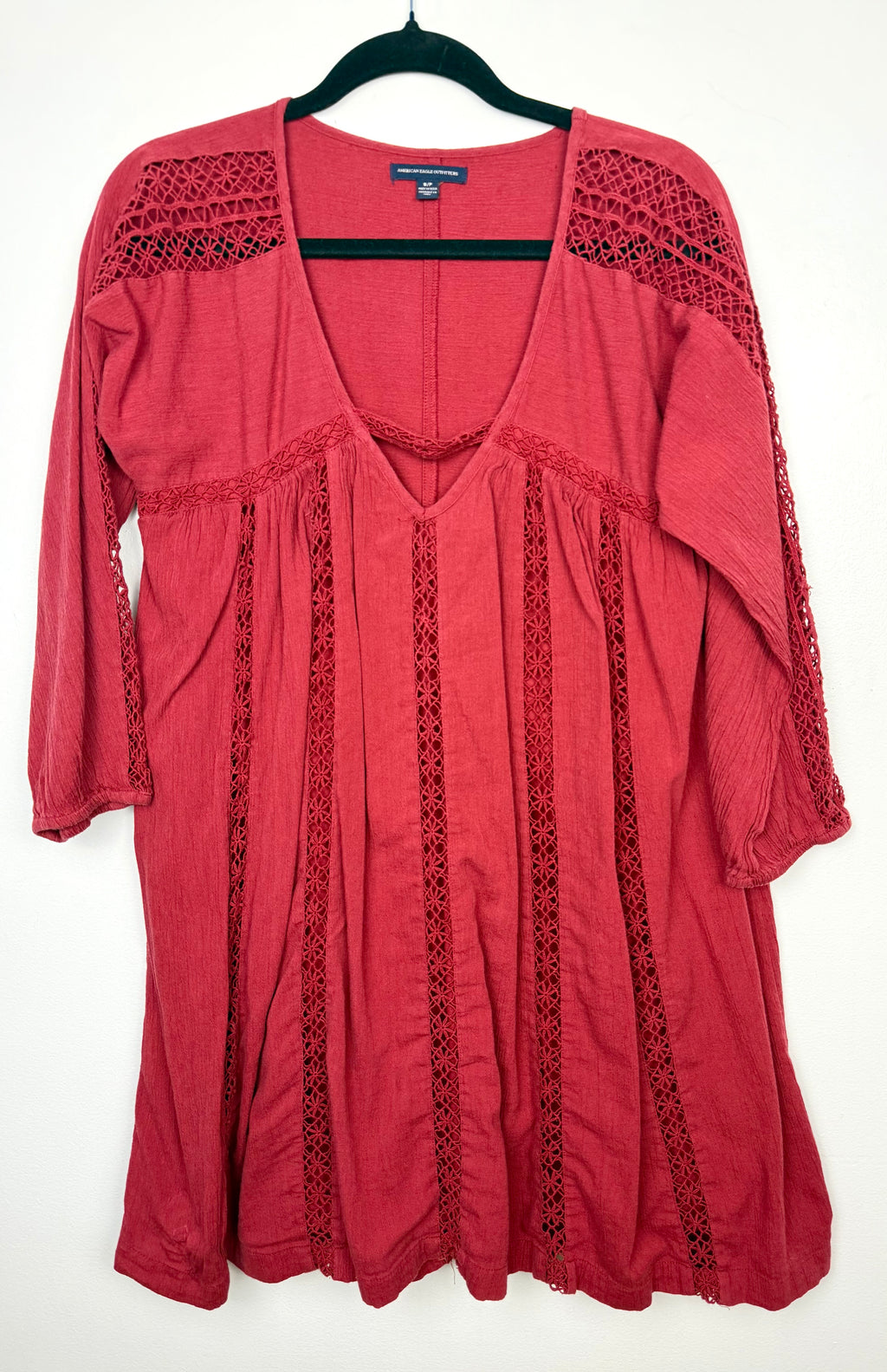  American Eagle Outfitters Crochet-Trim Boho Dress | Size S at Blue Sparrow Shop  on hanger