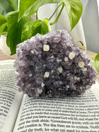 Standing amethyst with calcite deposits on book 