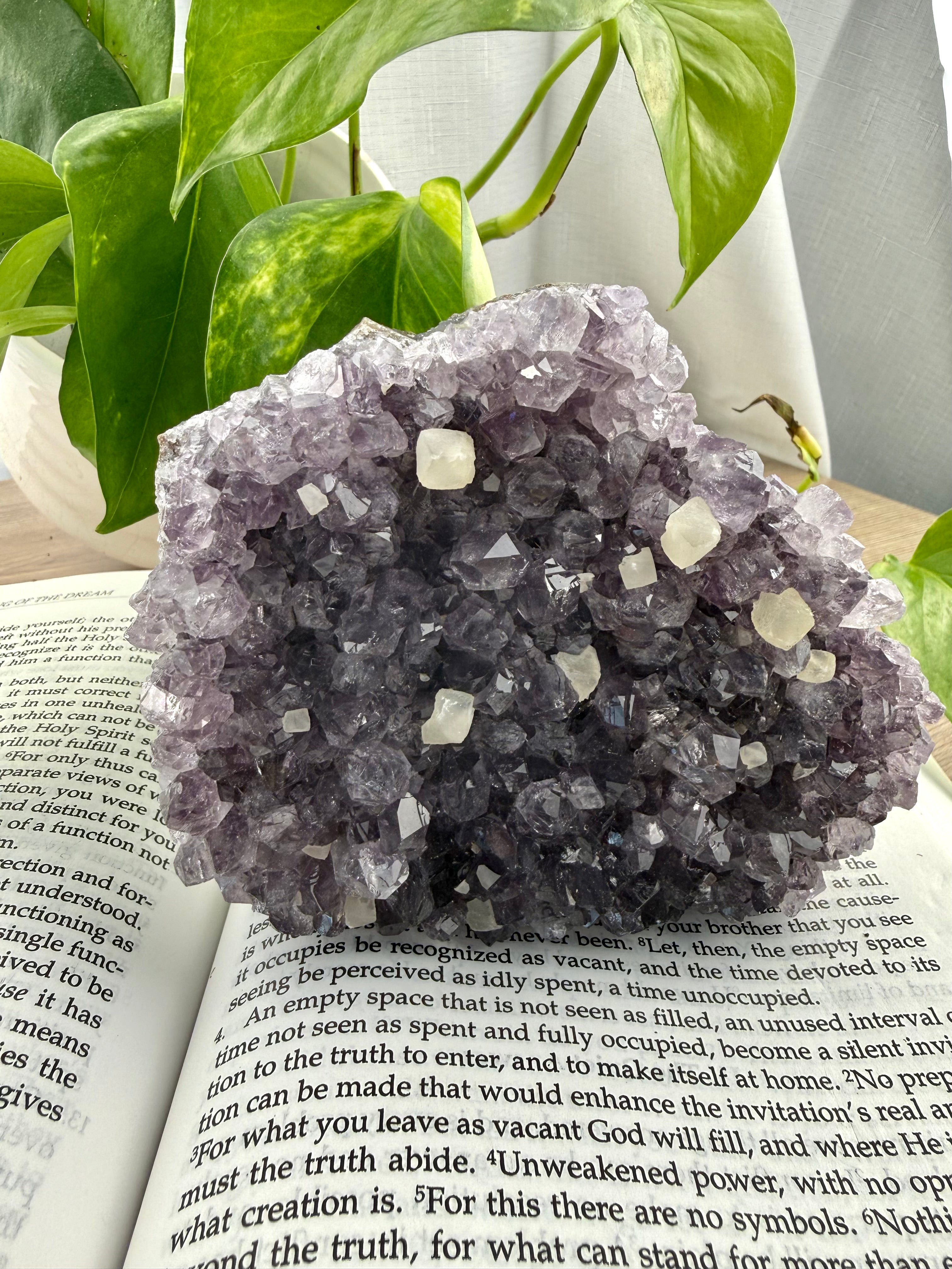 Standing amethyst with calcite deposits on book 