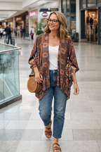 Angie Medallion Print Kimono in earth tones at Blue Sparrow Shop on woman in mall