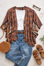 Angie Medallion Print Kimono in earth tones at Blue Sparrow Shop lifestyle photo