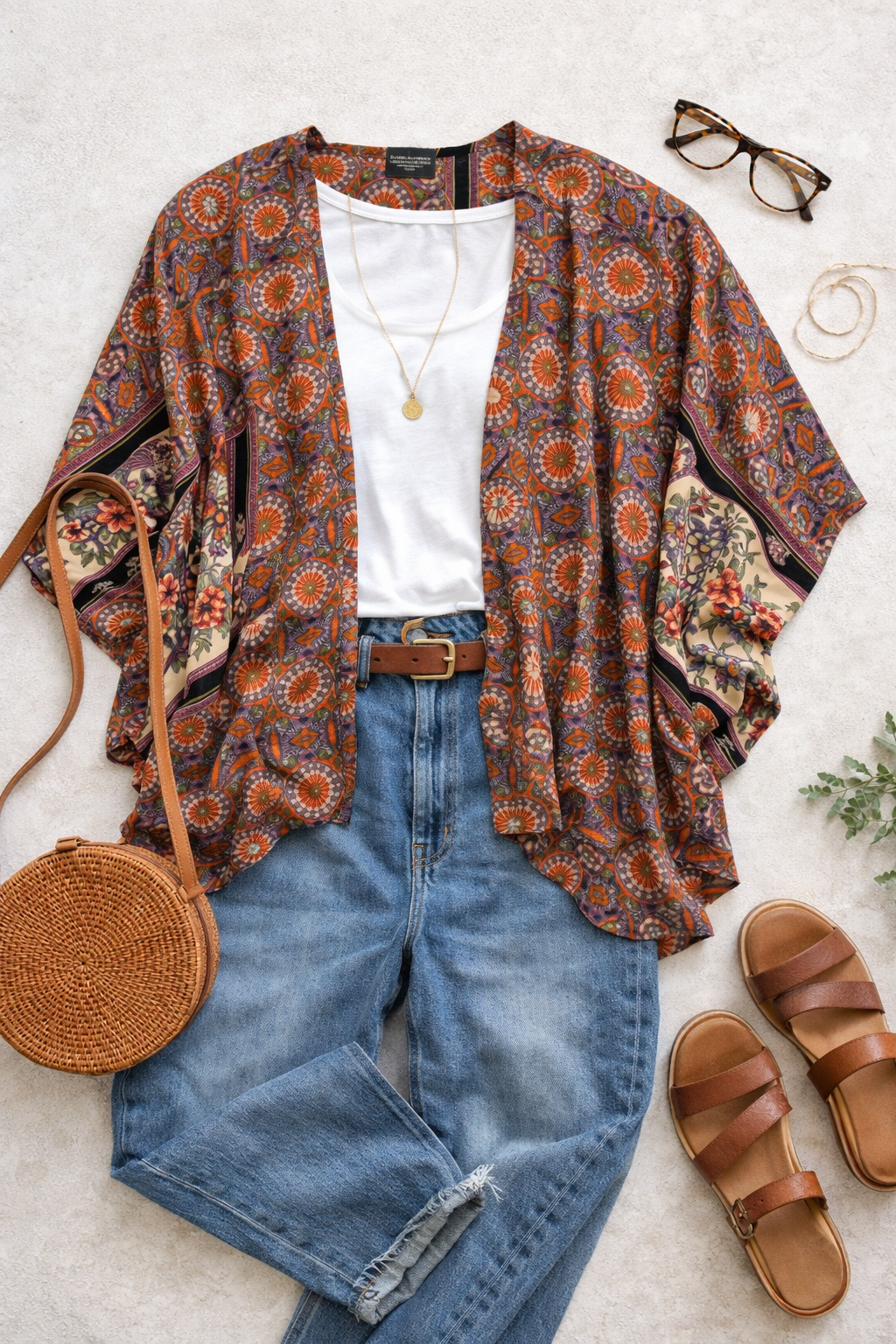 Angie Medallion Print Kimono in earth tones at Blue Sparrow Shop lifestyle photo