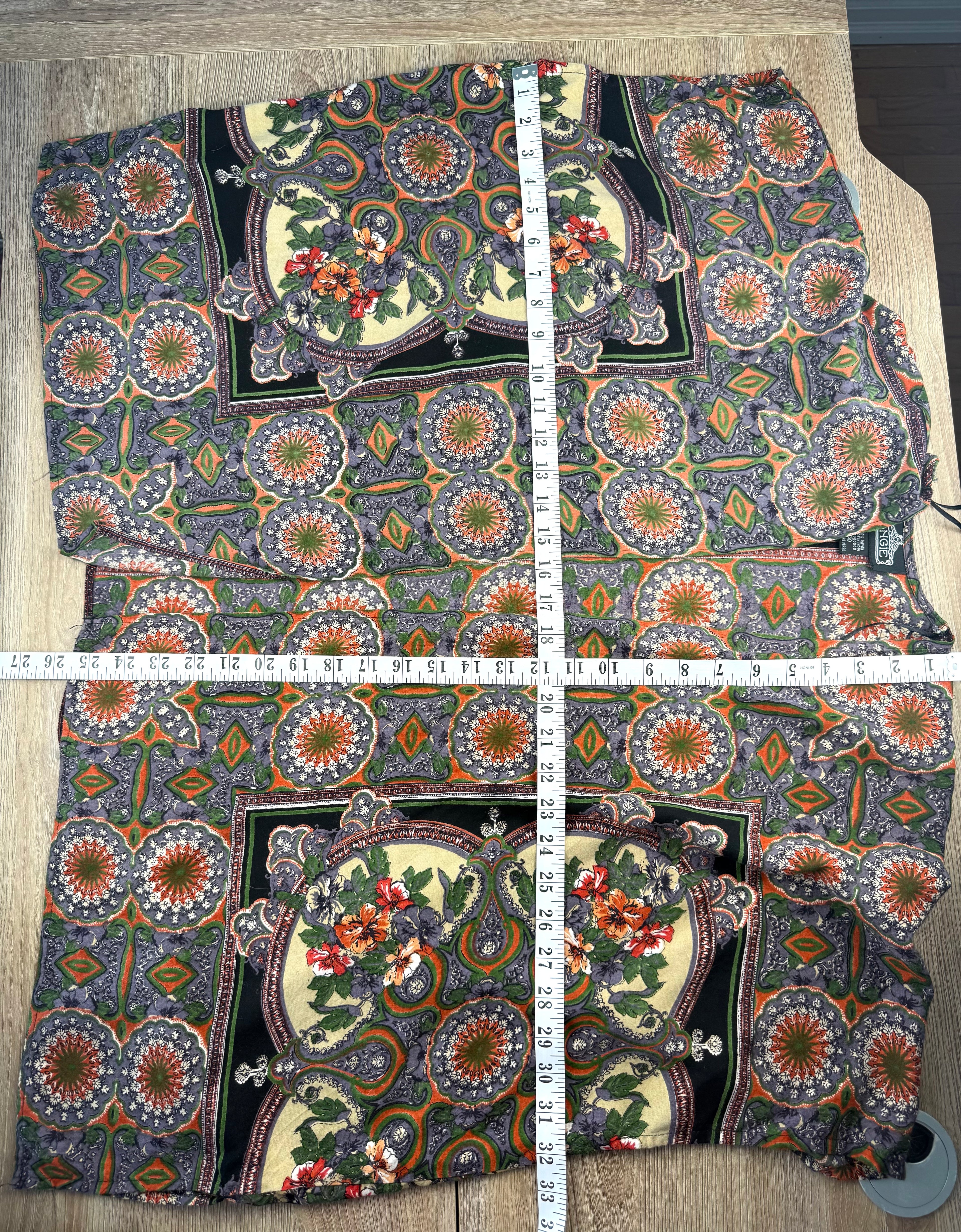 Angie boho medallion print kimono in earth tones measuring 25" long and 64" bust 