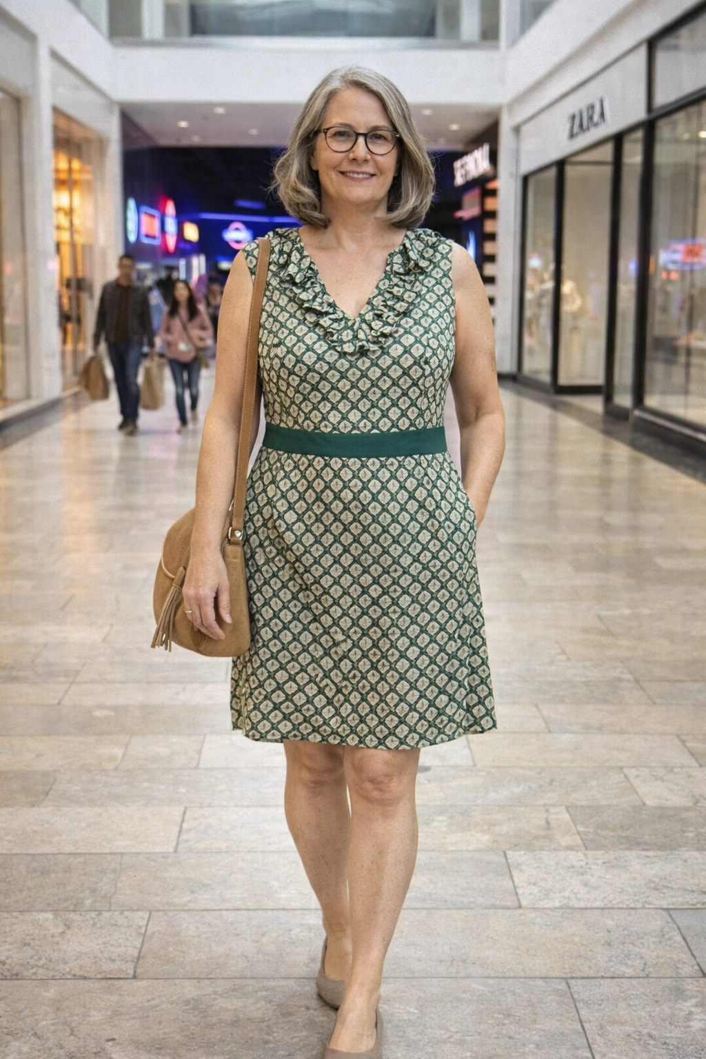 Anna Sui Green Brocade Shift Dress at Blue Sparrow Shop on woman walking in mall 