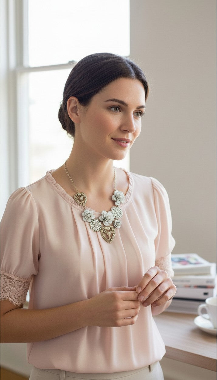 Antique gold-tone filigree heart and ivory enamel rose cluster statement necklace on woman in classroom