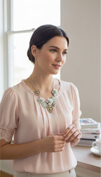Antique gold-tone filigree heart and ivory enamel rose cluster statement necklace on woman in classroom