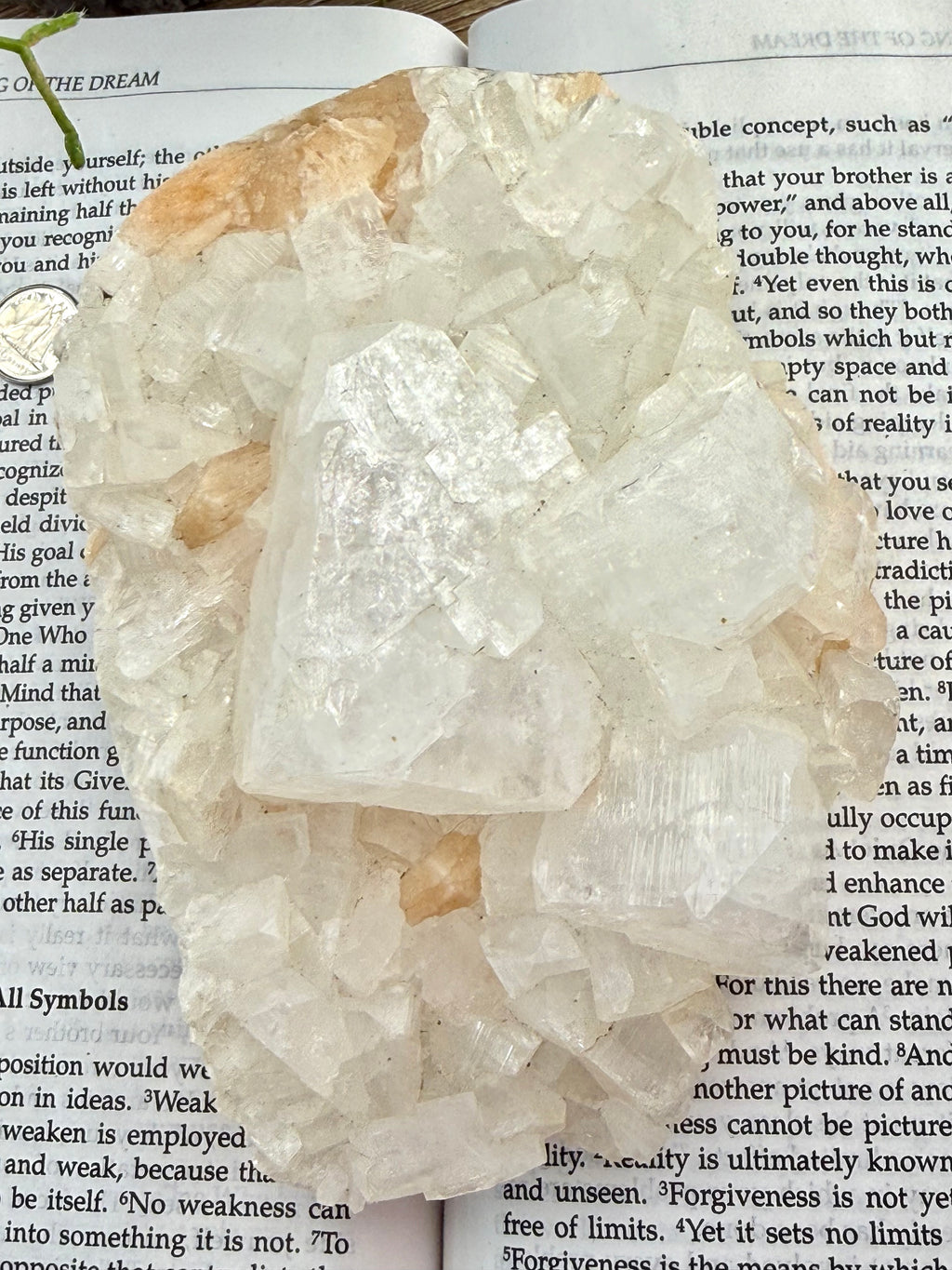 Apophyllite and Stilbite crystal formation on top of an open book with text visible