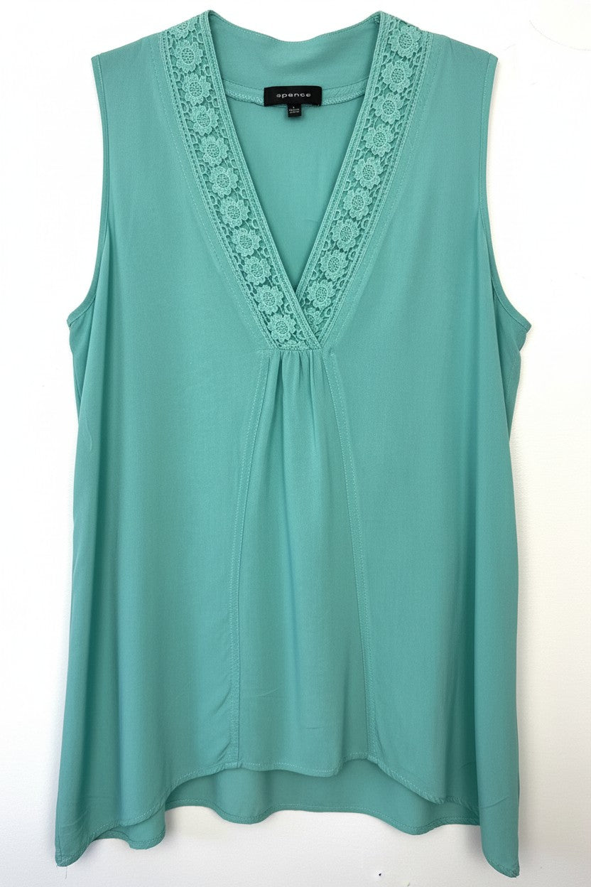 Aqua coloured Lace Trim Sleeveless Blouse | Size L by Spence at Blue Sparrow Shop on white background 