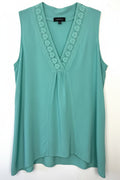 Aqua coloured Lace Trim Sleeveless Blouse | Size L by Spence at Blue Sparrow Shop on white background 