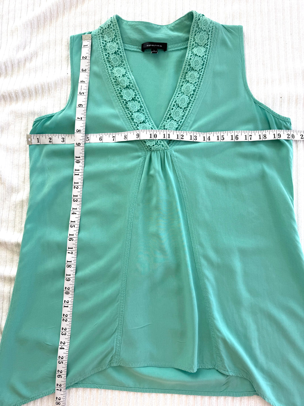 Aqua coloured Lace Trim Sleeveless Blouse | Size L by Spence at Blue Sparrow Shop measuring 40" bust and 27" length 
