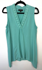 Aqua coloured Lace Trim Sleeveless Blouse | Size L by Spence at Blue Sparrow Shop on hanger