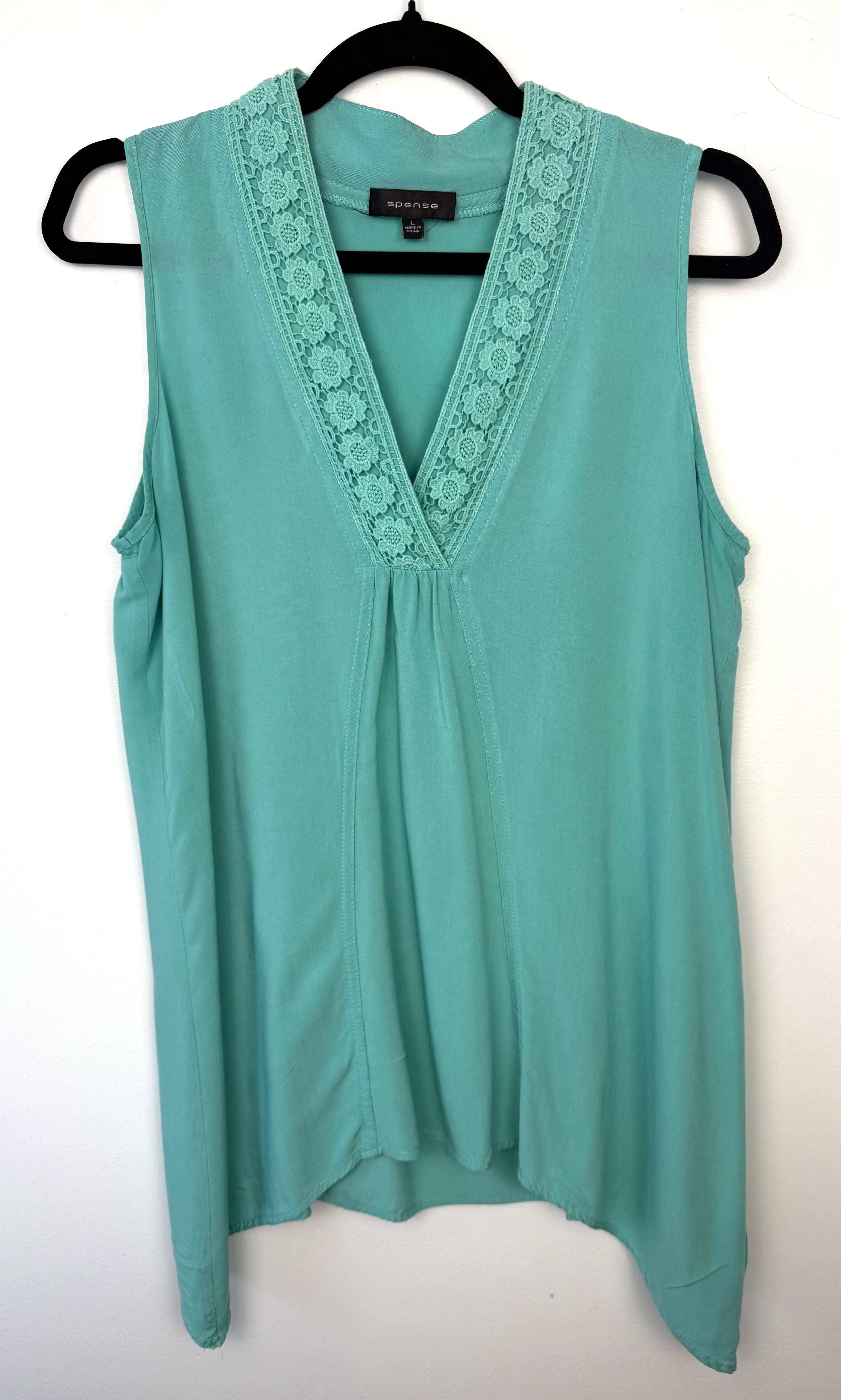 Aqua coloured Lace Trim Sleeveless Blouse | Size L by Spence at Blue Sparrow Shop on hanger
