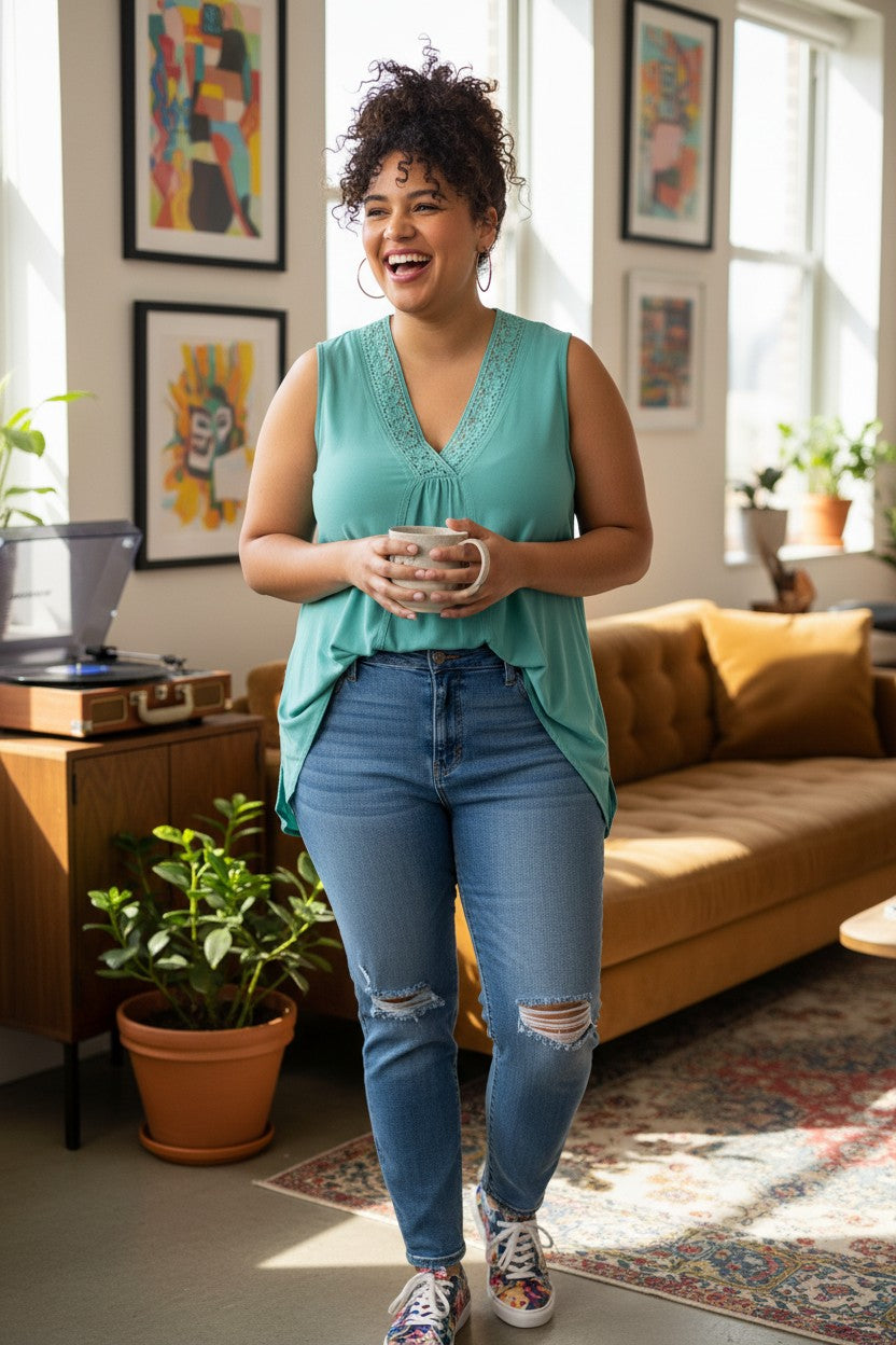 Aqua coloured Lace Trim Sleeveless Blouse | Size L by Spence at Blue Sparrow Shop on woman wearing jeans with the shirt french tucked