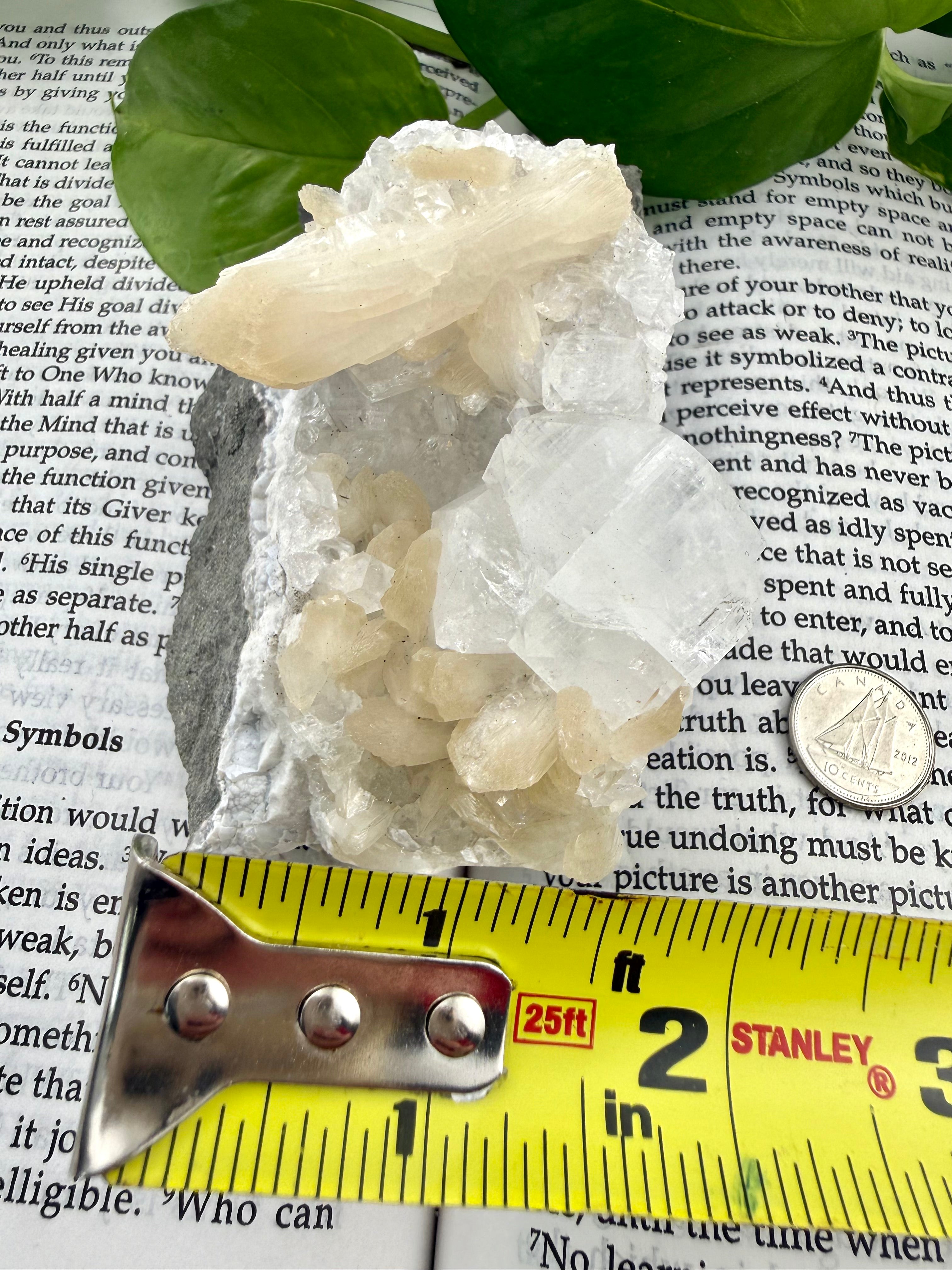 apophyllite on a book with measuring tape showing it to be about 2" wide 