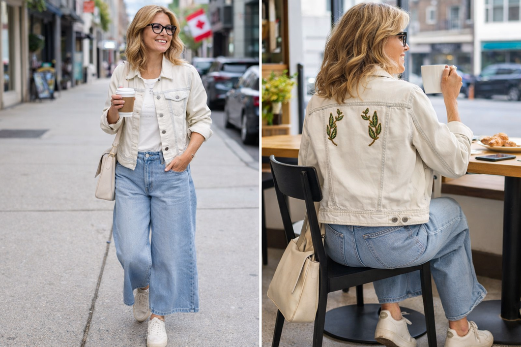 Aritzia Talula Distressed Denim Jacket at Blue Sparrow Shop on woman drinking coffee